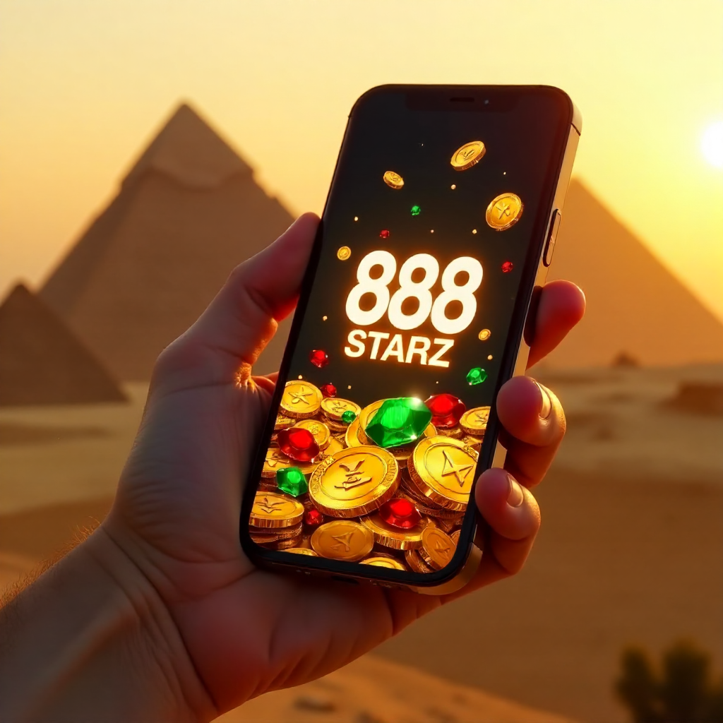 يد تحمل هاتفًا ذكيًا يعرض 888starz app download مع أهرامات الجيزة وقطع ذهبية، ألوان العلامة الحمراء والبيضاء، تحميل 888starz للايفون